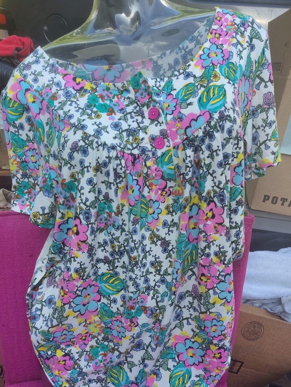 Floral Scoop Neck Women's Top in White with Pink & Turquoise